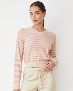 MONROW Lightknit Stripe V Neck SAND/CHALKPINK Sale